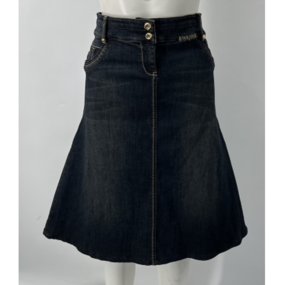 Sassofono Denim Cotton A-Line Knee-Length Skirt w/ Gold Buttons sz 30